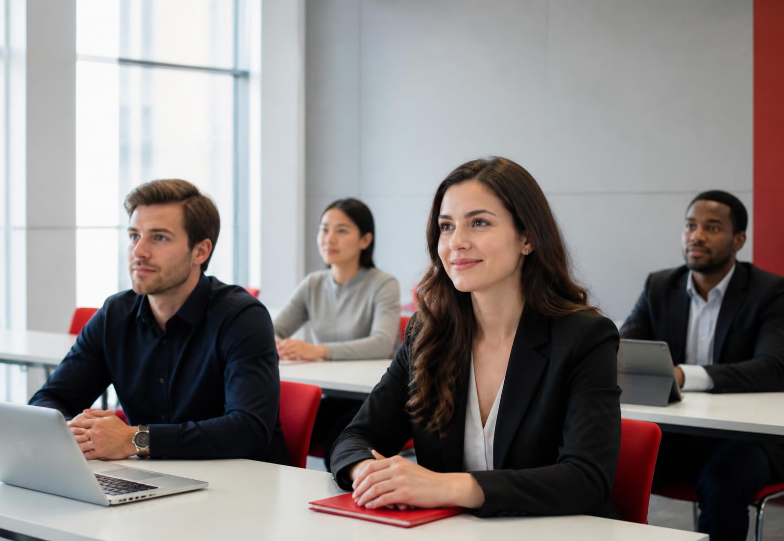 Profissionais participando de treinamento em ambiente corporativo moderno